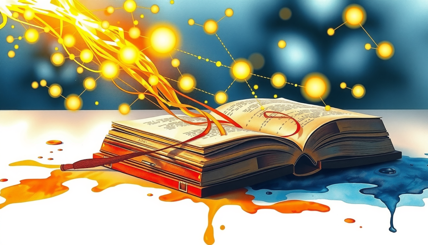 Watercolor painting of an open book with glowing threads and nodes.