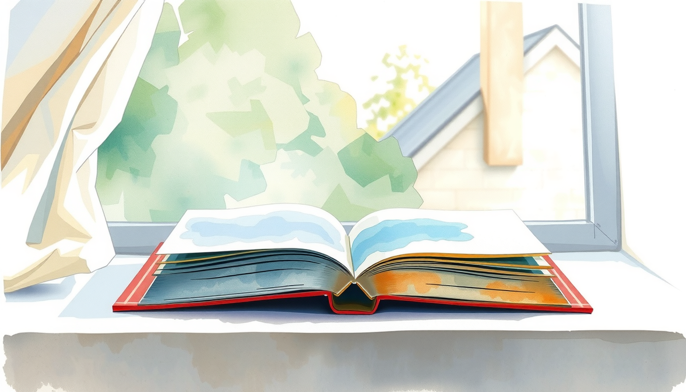 Open paperback on a sunlit windowsill with drifting curtain.
