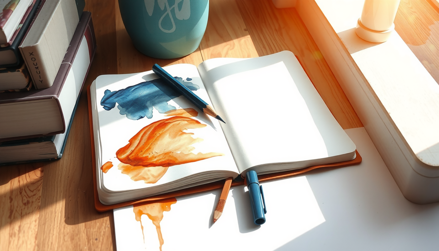 Open notebook on wooden desk with ink smudges and pencil.
