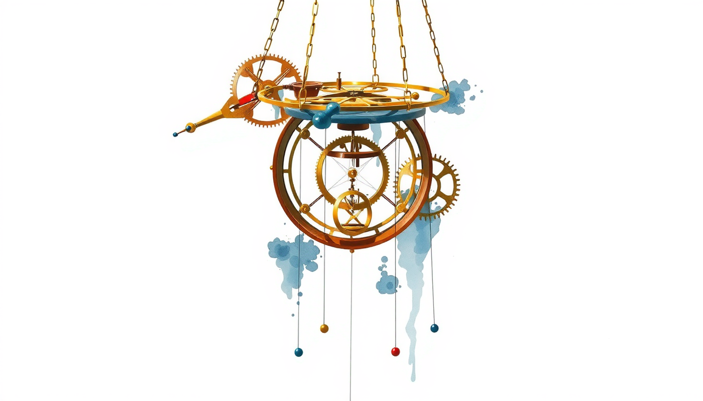 Elegant brass orrery with interlocking rings and gears in dark space.