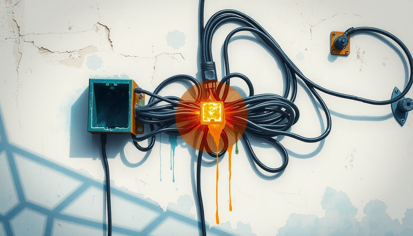 Overloaded electrical junction box with tangled cables on concrete wall.