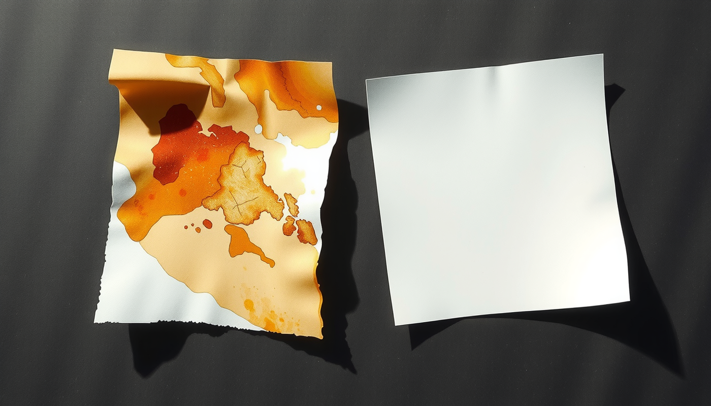 Two identical blank rectangles of paper, one aged yellow, one white.