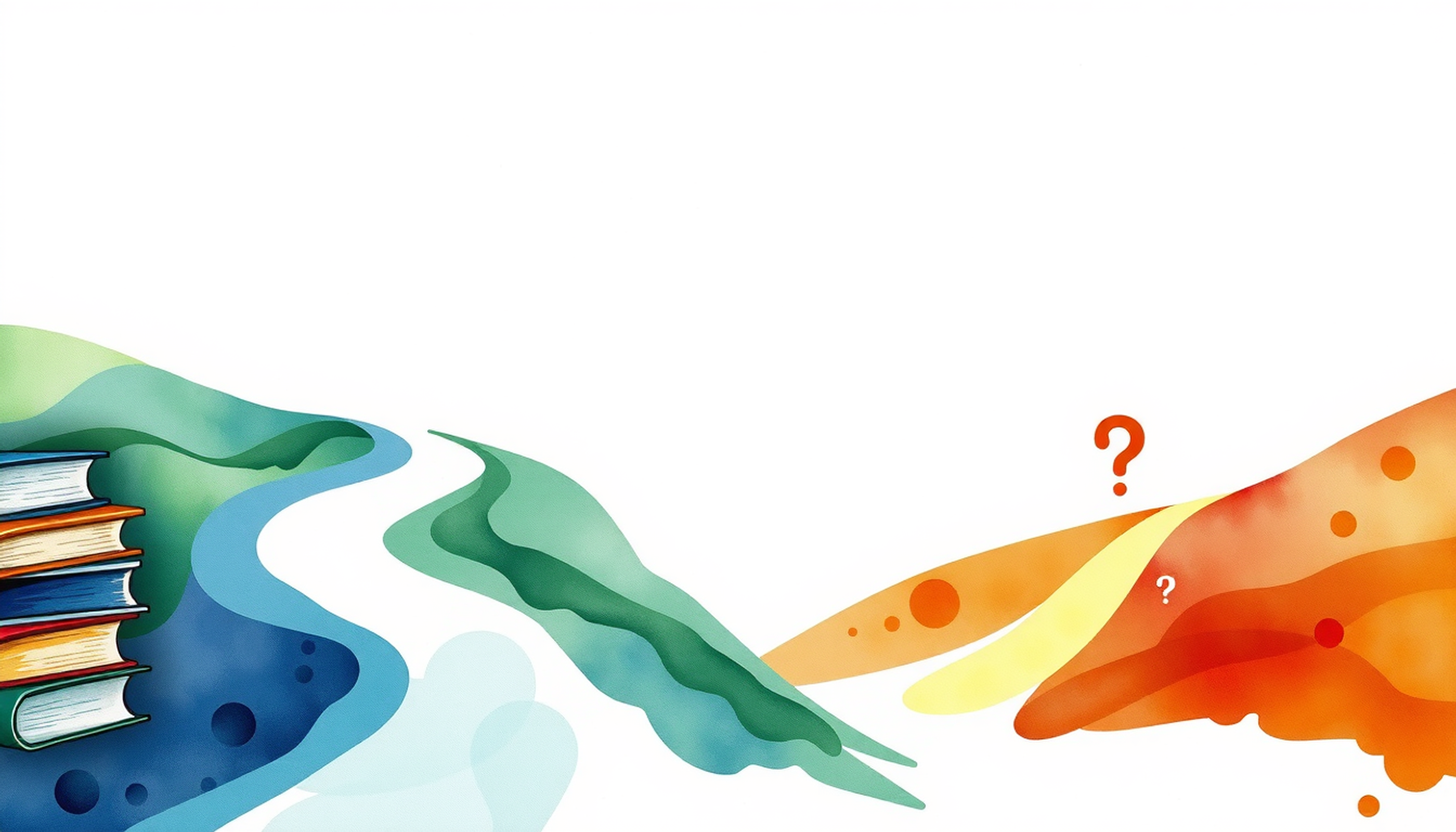 Two winding roads symbolize choices: books fading into fog and question marks leading to light.