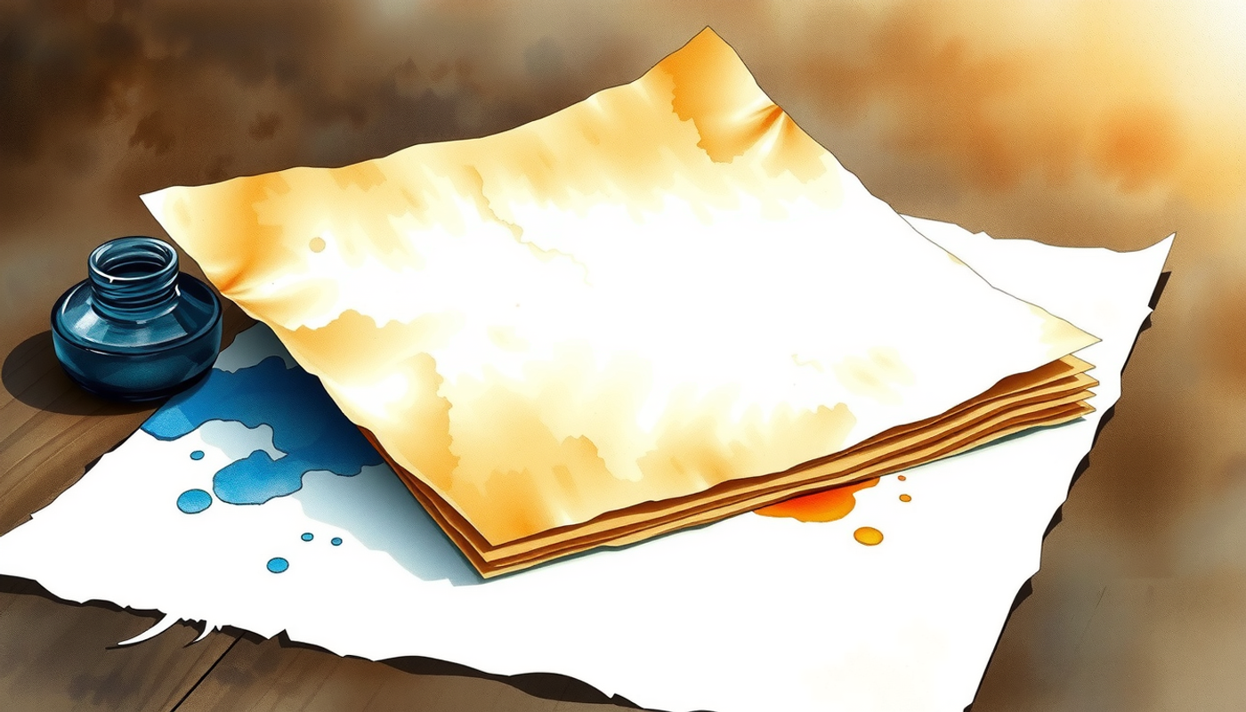 Aged parchment sheets fanned on a dark wooden desk.