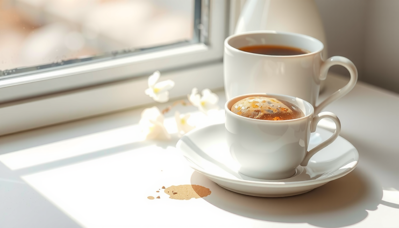Smooth pebble on a saucer beside a coffee cup in soft morning light.
