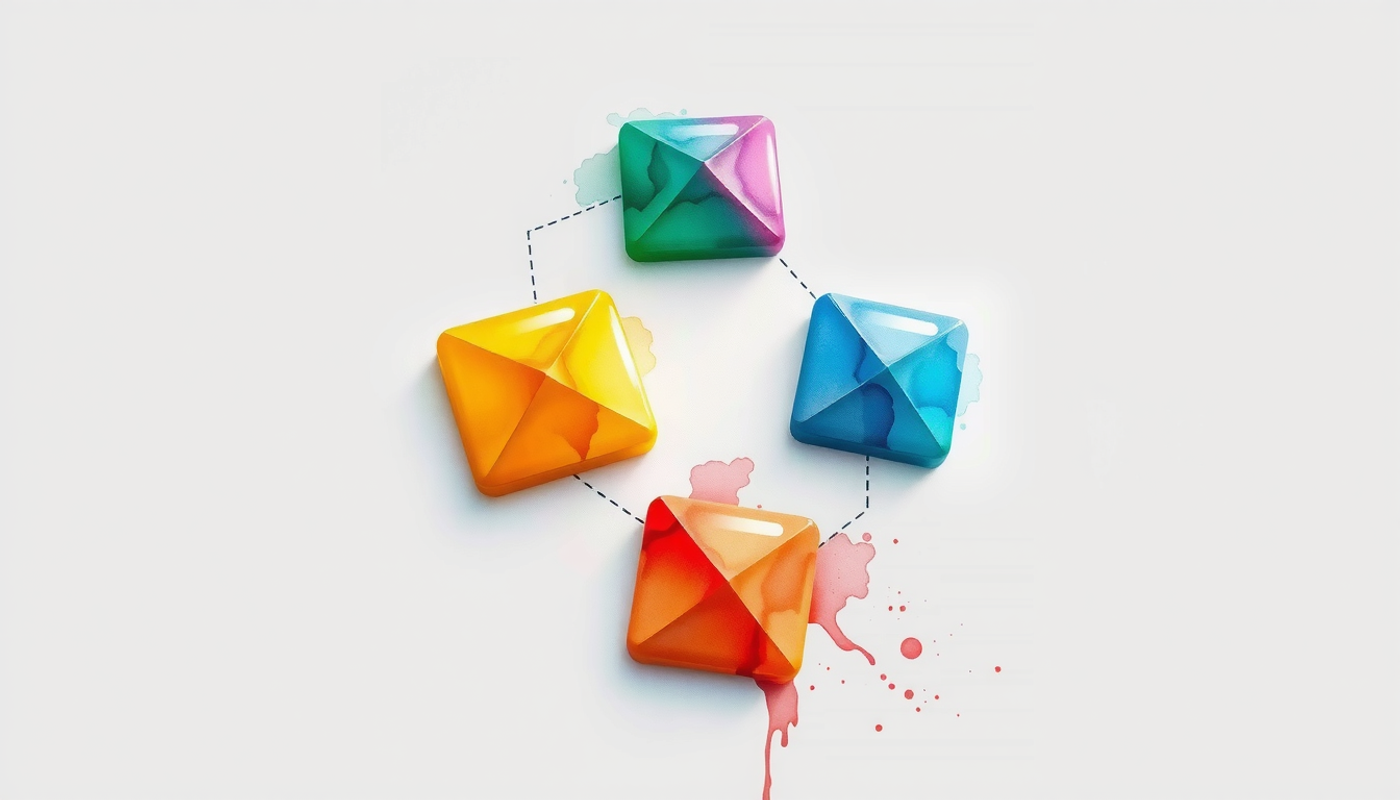 Colorful geometric app icons in pentagon formation on wood.