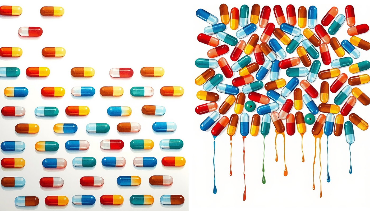 Color-coded pharmaceutical capsules in contrasting patterns of blocked and interleaved practice.