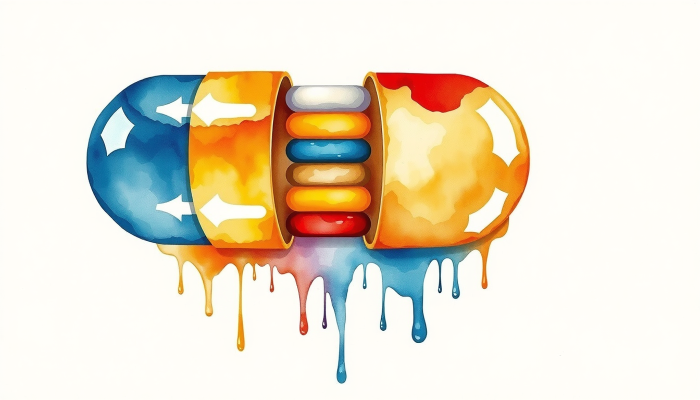 Color-coded pharmaceutical pill cross-section showcasing layered drug categories.