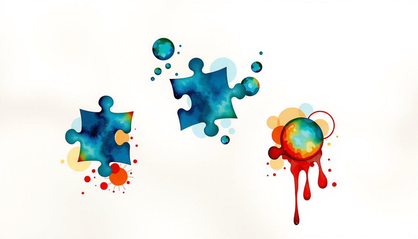 Three puzzle pieces in a triangle, showcasing unique patterns and colors.