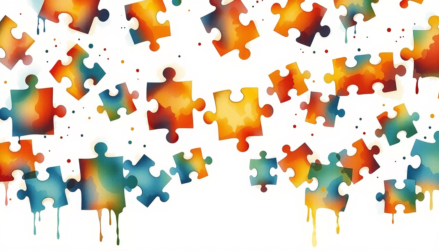 Vast jigsaw puzzle with glowing center revealing brain-and-gut motif.