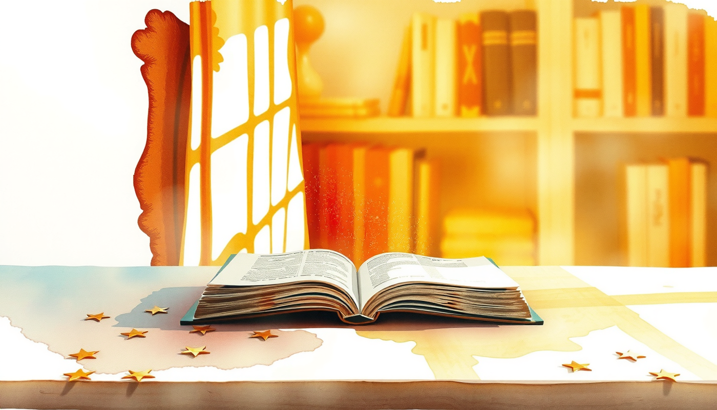 Empty wooden reading table with open book and gold foil stars.