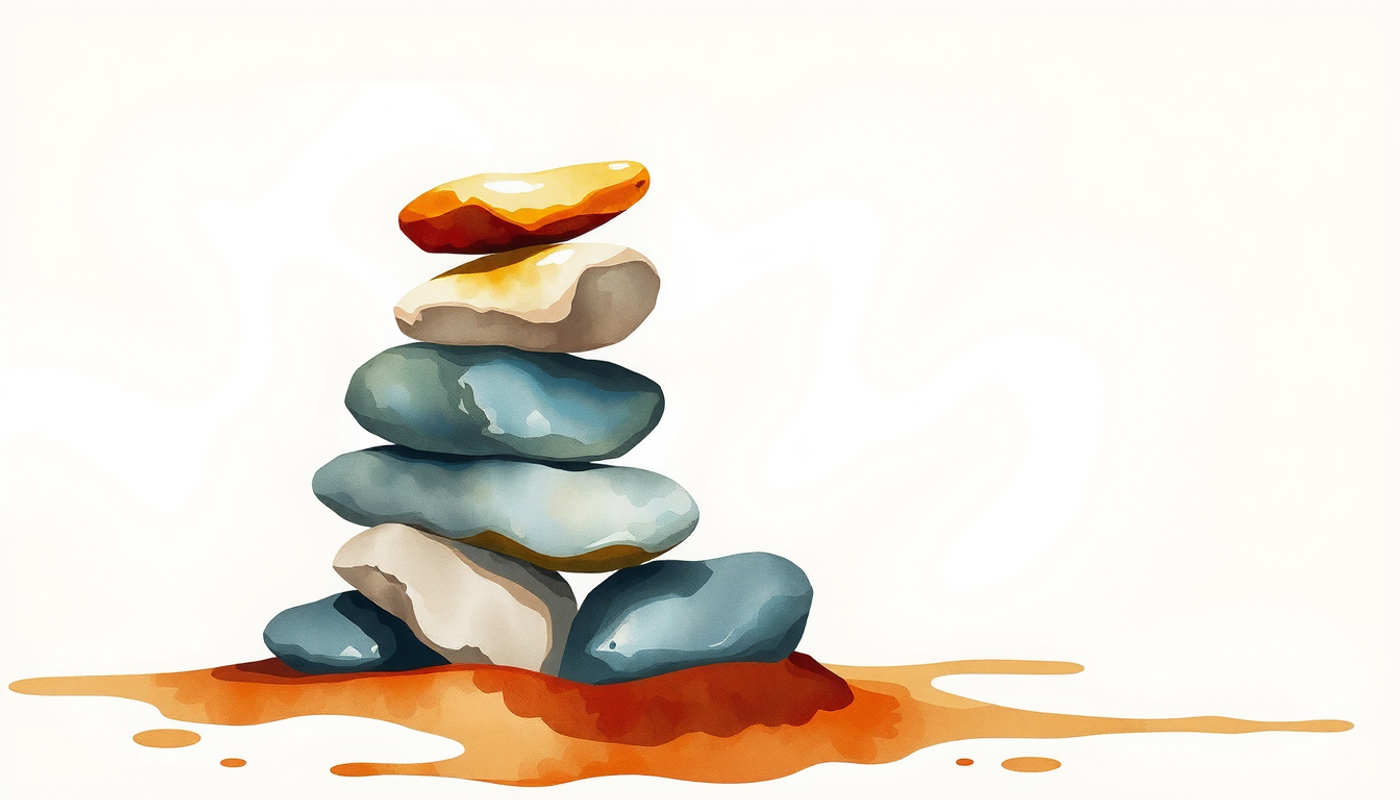 Balanced river stones in shades of grey and amber on wet sand.