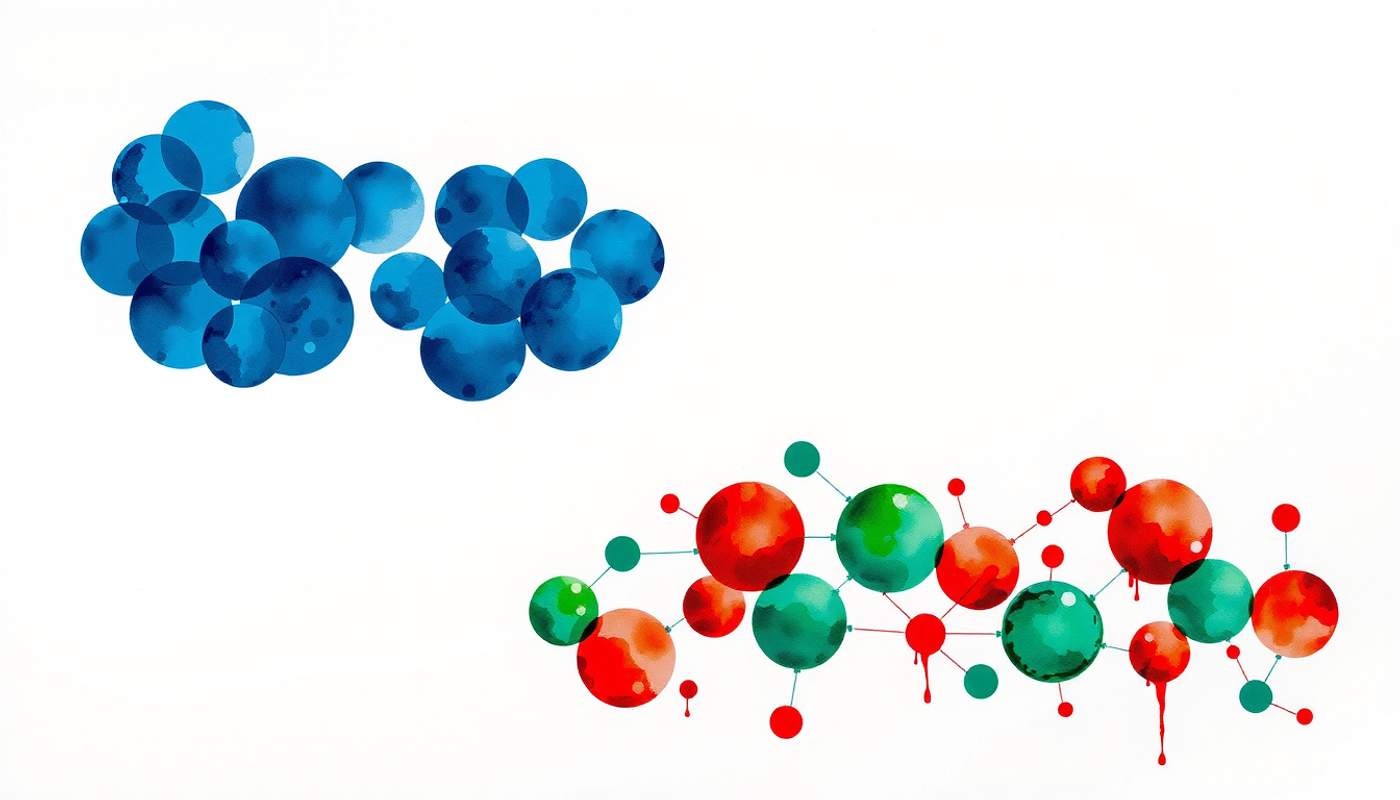 Conceptual diagram of knowledge layers with glowing orbs and probabilistic threads.