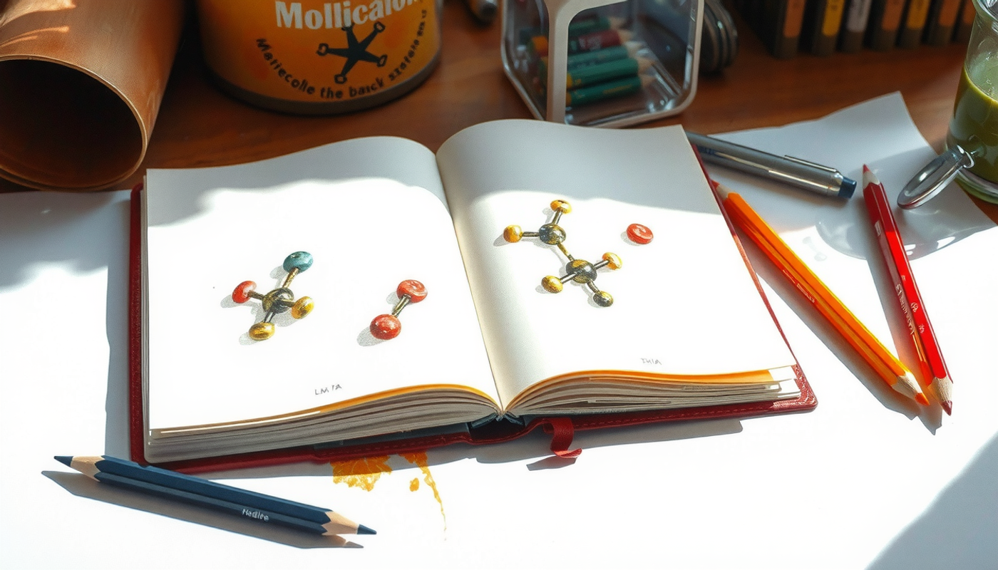 Open sketchbook on wooden desk with molecular structures and colored pencils.