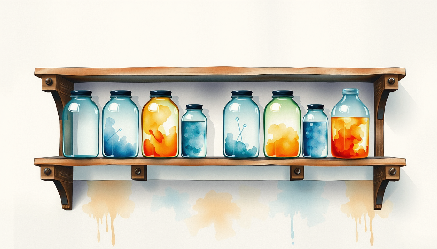 Row of glass specimen jars with luminous mist on wooden shelf.