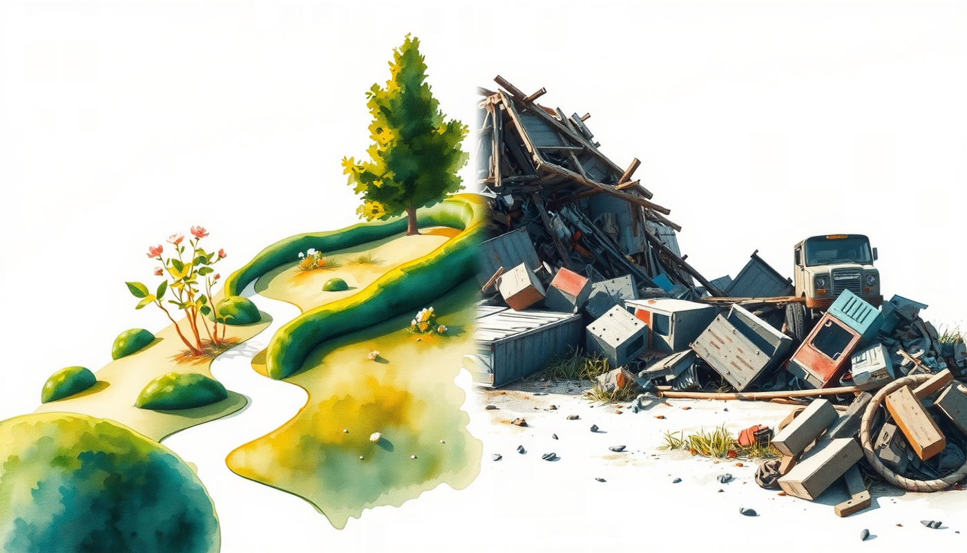 Lush garden and junkyard side by side with grid layout.