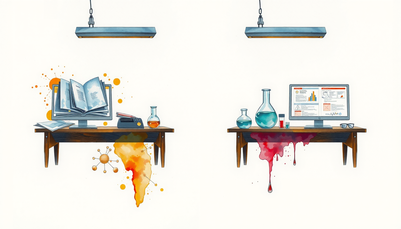 Chaotic and organized lab workstations showcasing document integration.