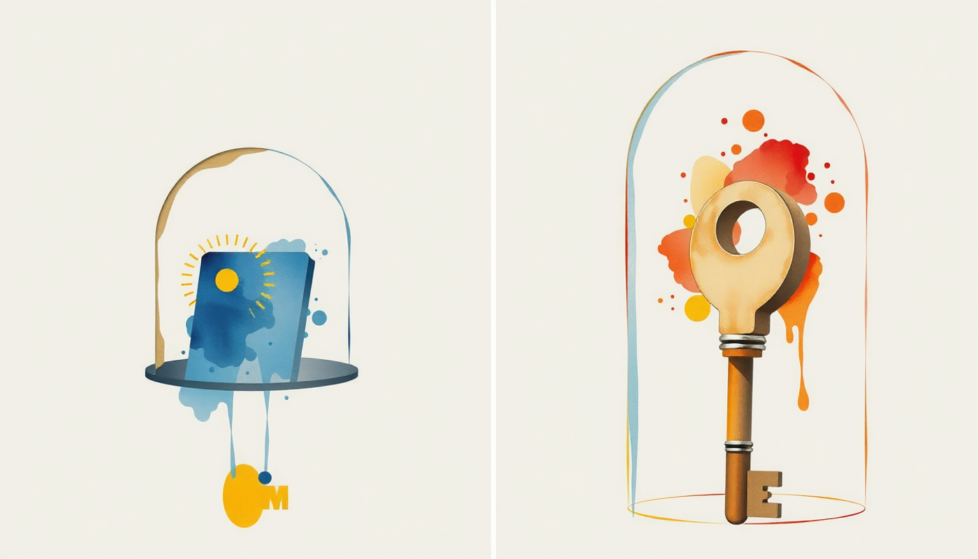 Abstract card under dome for next-day return, vault with key.