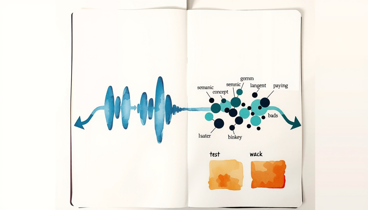 Watercolor split-screen of sound waves and semantic concept maps.