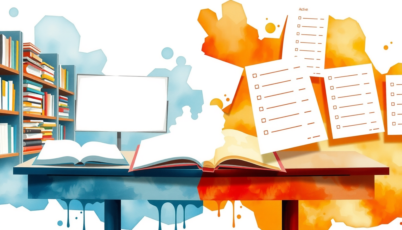 Watercolor split classroom showing passive studying vs. active retrieval practice.