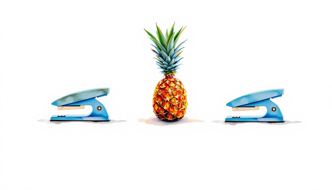 Three unbranded staplers and a whole pineapple on grey background.
