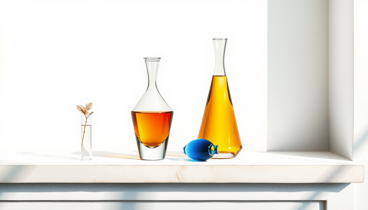 Two uniquely shaped carafes with amber and blue liquids on a stone shelf.