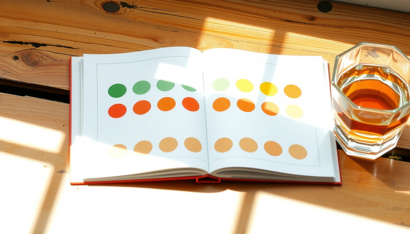 Open paper booklet with colorful adhesive dots on a wooden table.