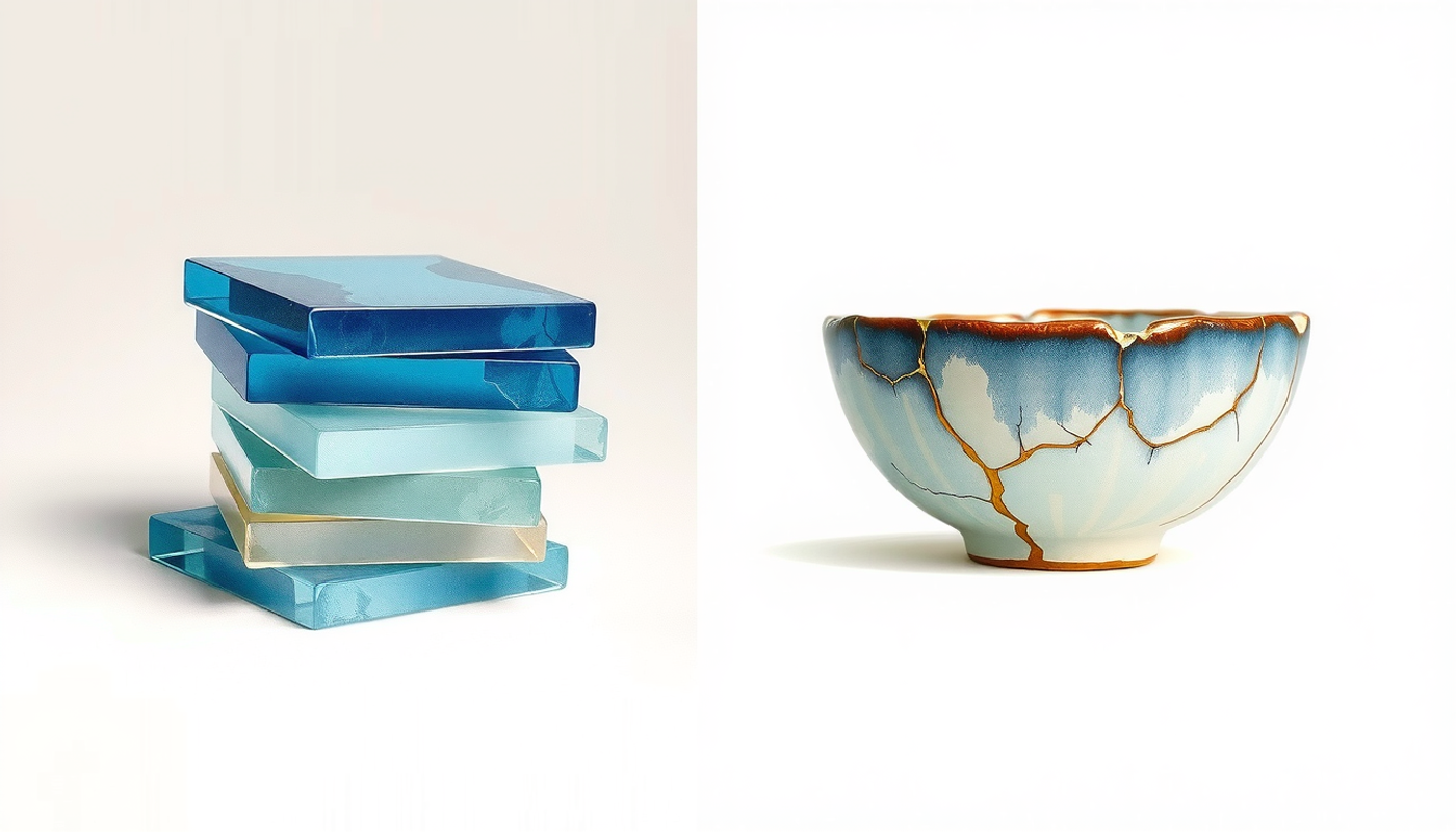 Translucent glass sheets and a kintsugi-repaired ceramic bowl.