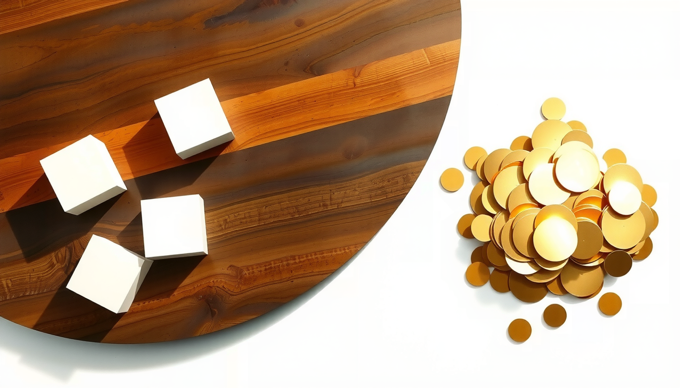 Dark walnut tabletop with ivory cubes and brass discs in soft light.