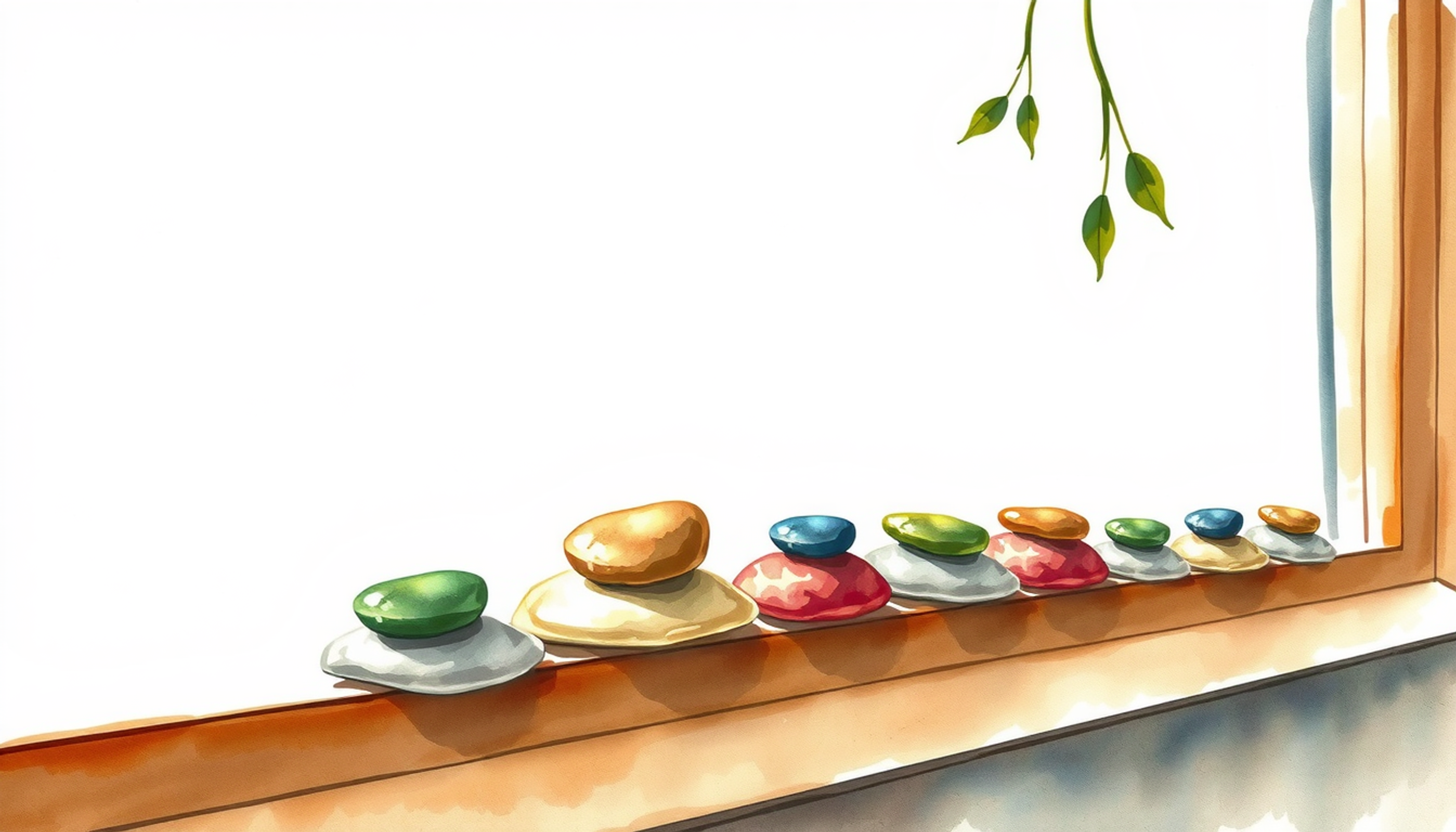Polished stones on a windowsill, one slightly out of line.