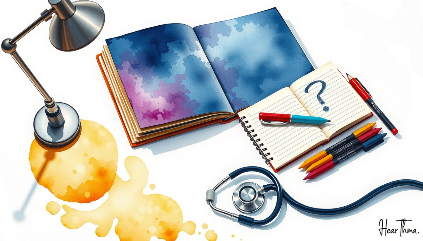 Study desk from above featuring a reference book, notebook, stethoscope, and pens.