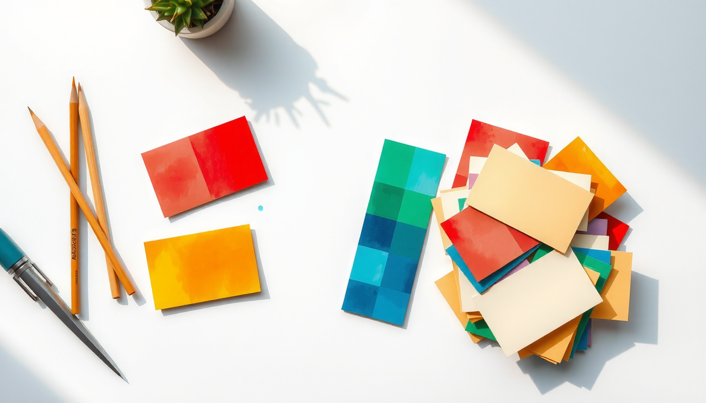 Study desk flat lay with colorful index cards arranged by blocking and interleaving.