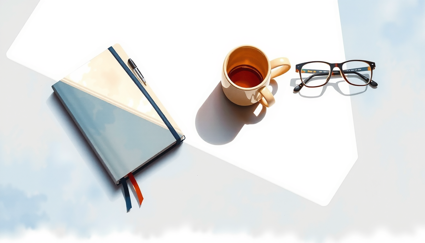 Quiet study desk at dawn with notebook, mug, and glasses.