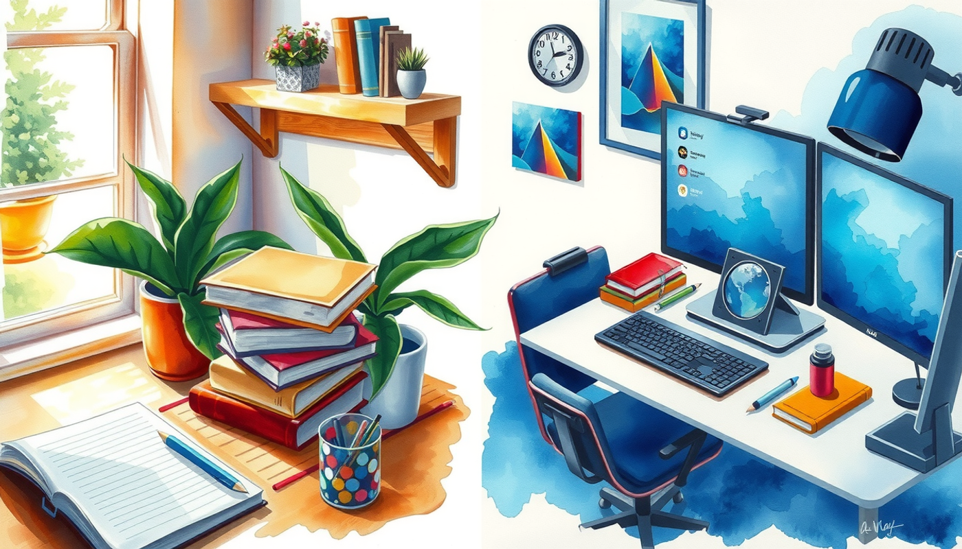 Calm offline study space versus cluttered digital workspace comparison.