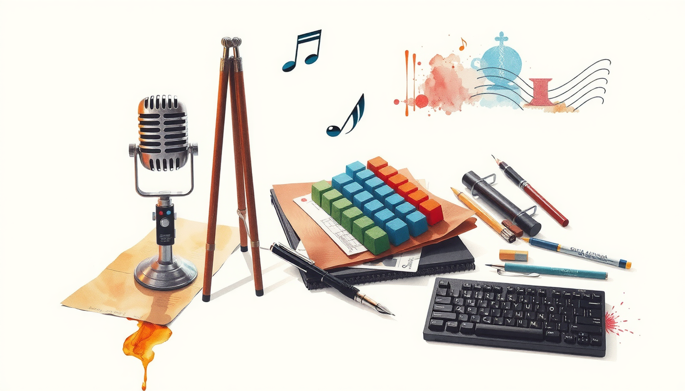 Still life of study objects: microphone, pen, keyboard, art supplies, musical notes.