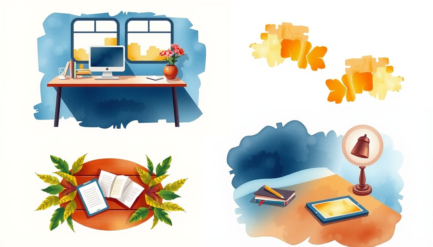 Four study scenes: library desk, train seat, park bench, bedroom nightstand.