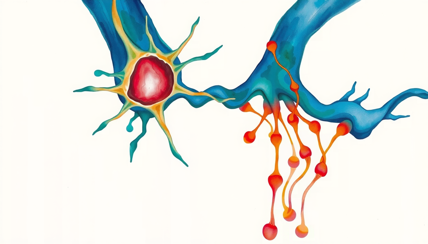 Molecular diagram depicting LTP process at a synapse with glutamate release.