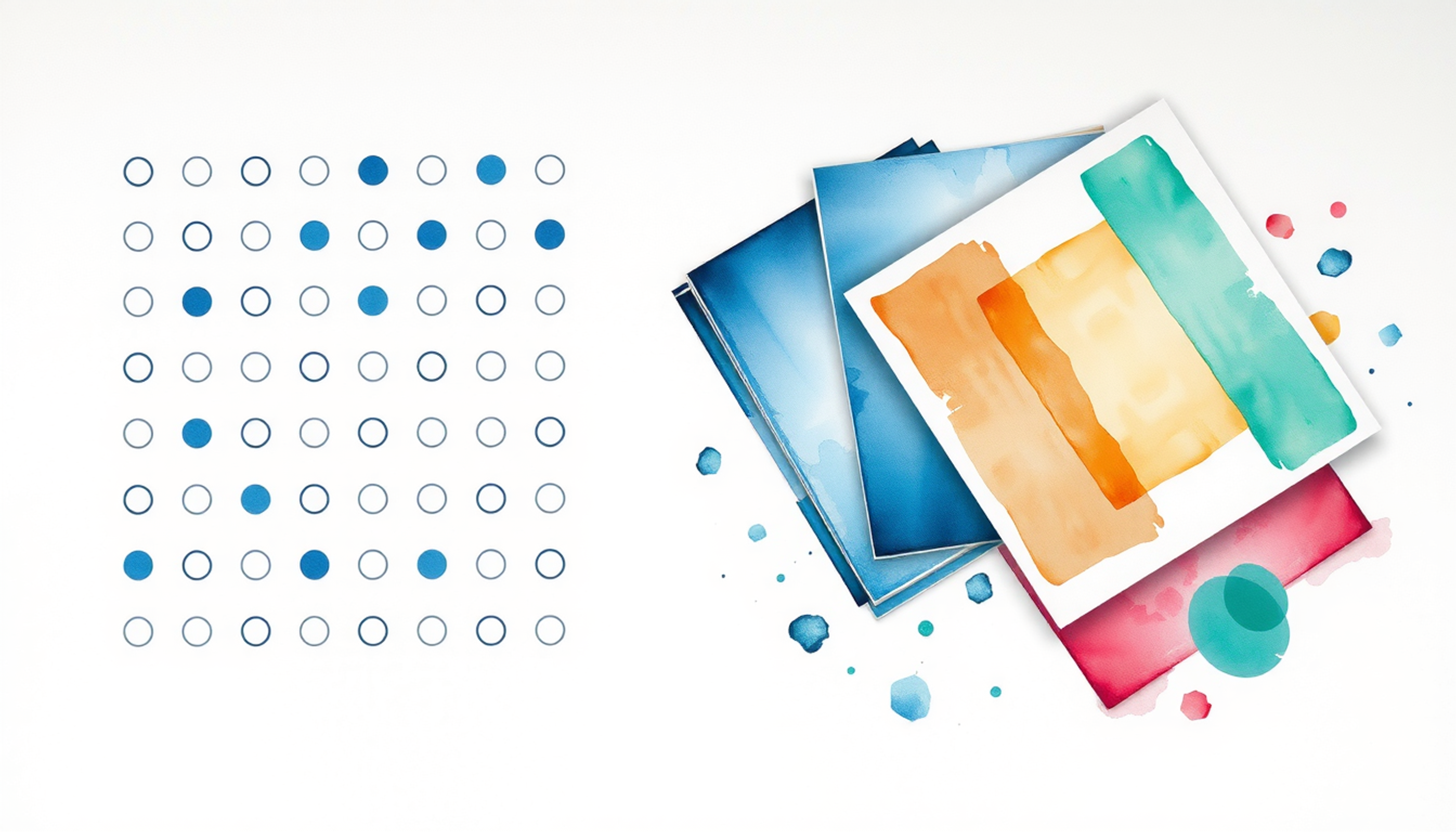 Grid of circles beside color-coded cards on a gray desk.
