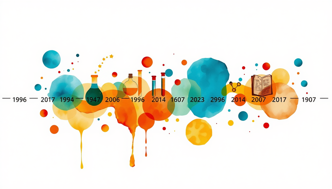Watercolor timeline ribbon with key years and abstract experiment symbols.