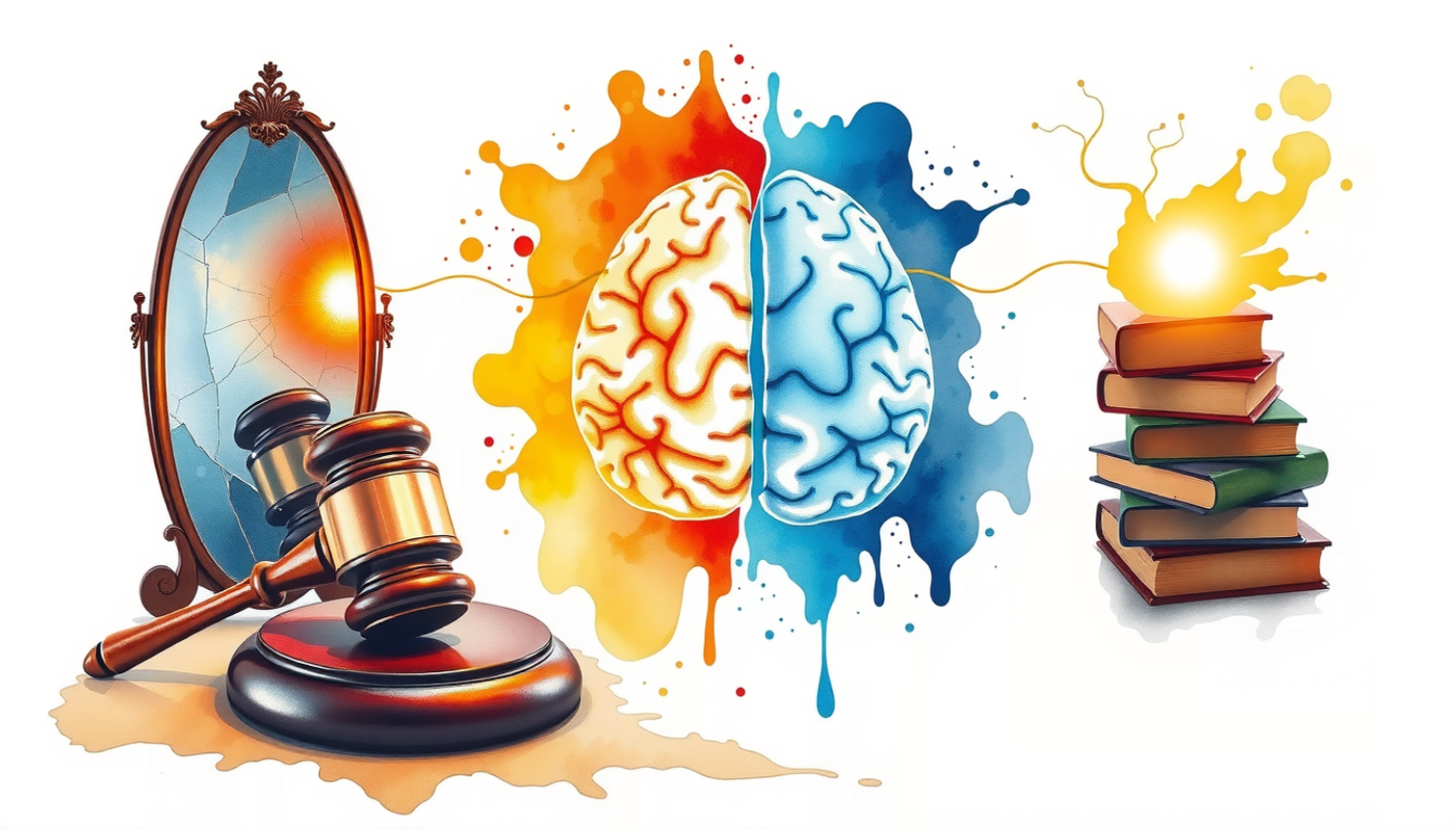 Triptych depicting justice, healing, and knowledge through symbolic imagery.