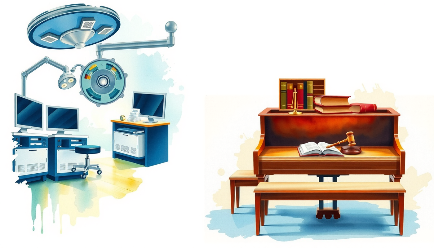 Watercolor triptych depicting surgery, music, and law scenes.