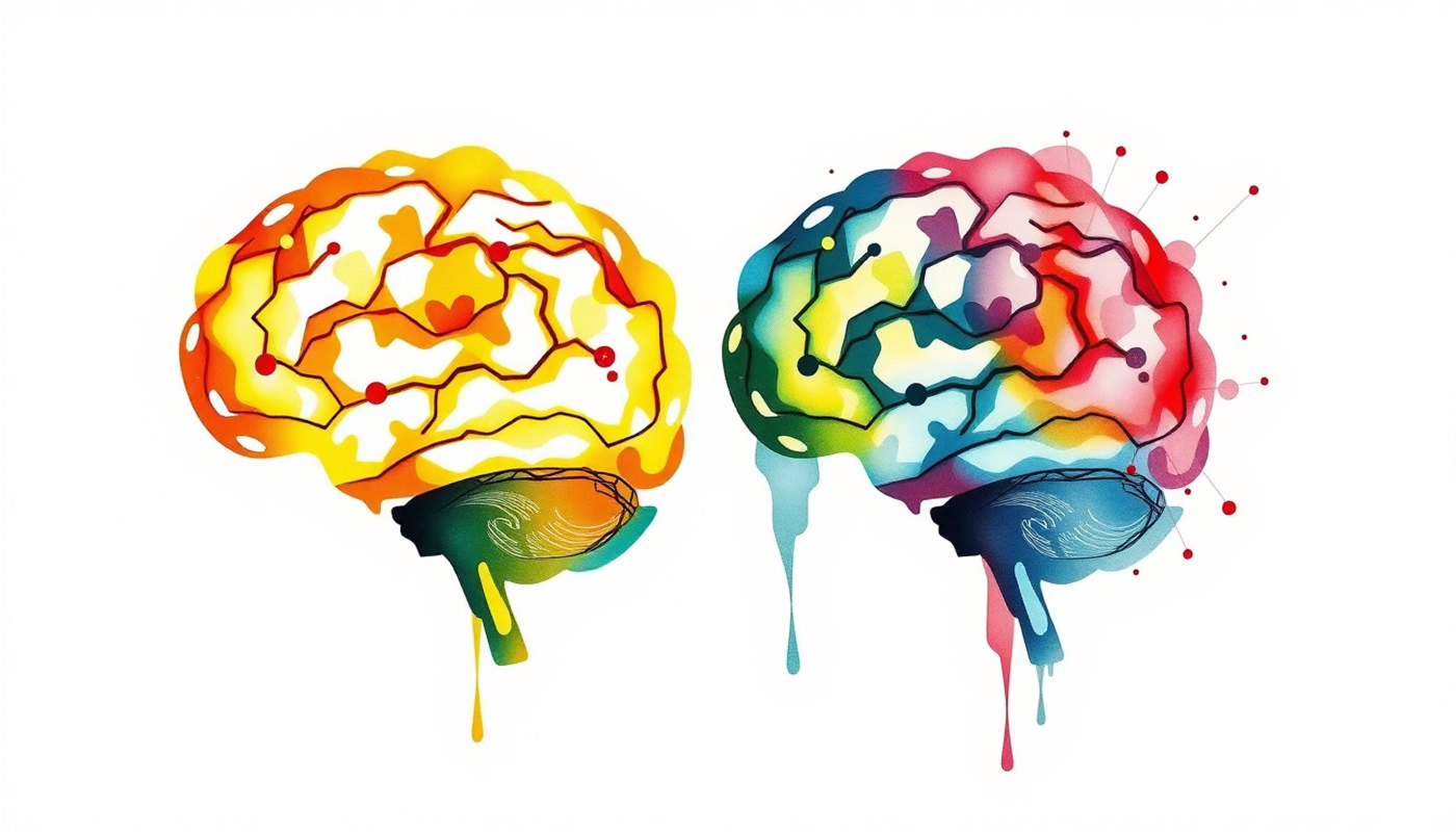 Artistic comparison of vibrant left brain pathways and muted right brain connections.