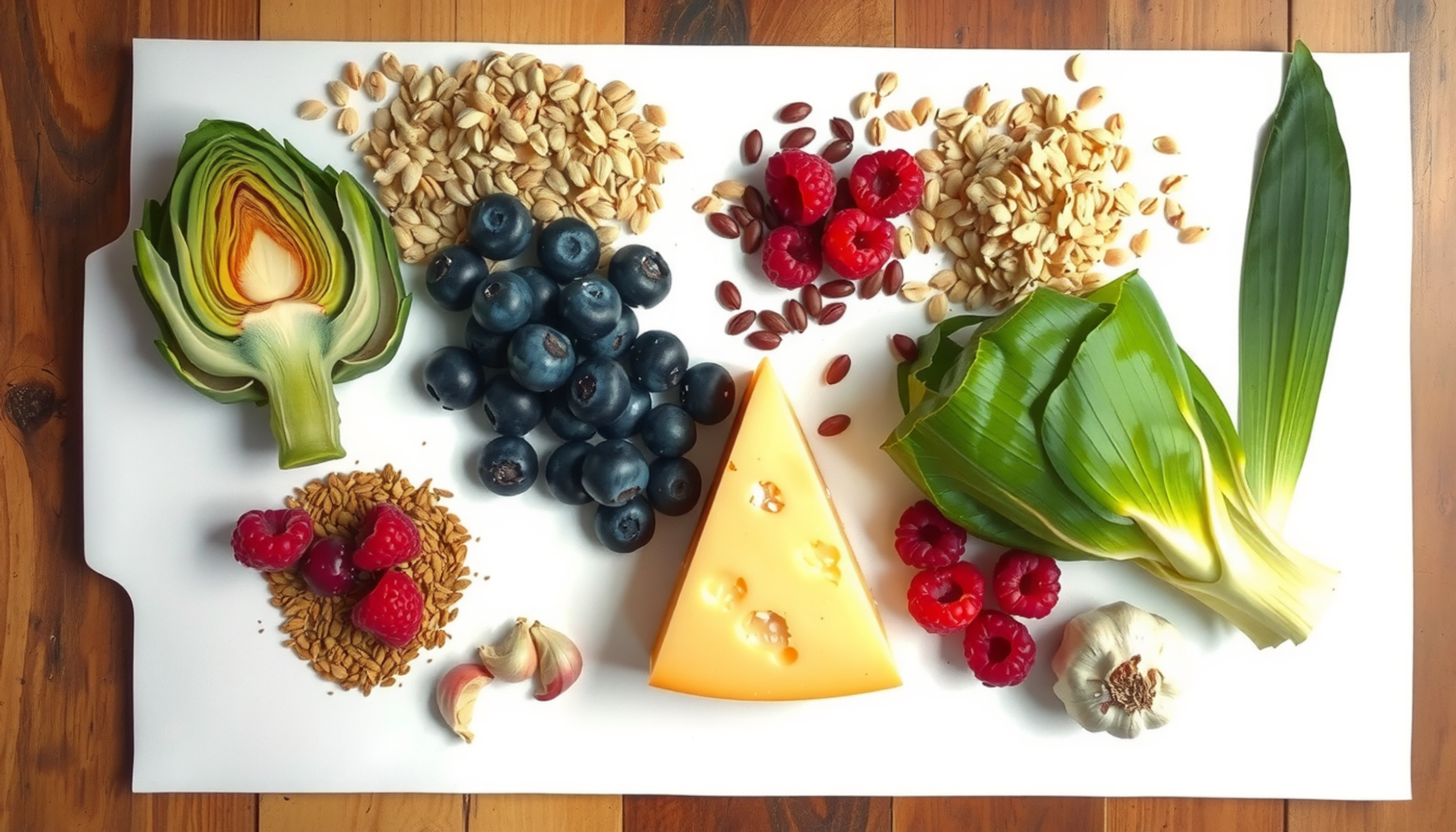 Overhead view of fresh foods on a wooden cutting board.