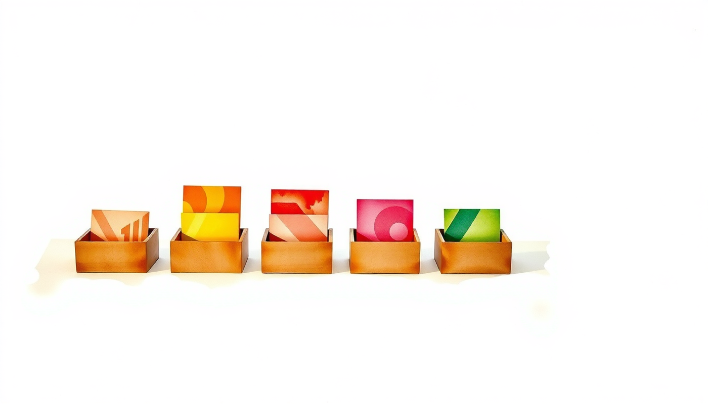 Small wooden boxes with colorful index cards in natural light.