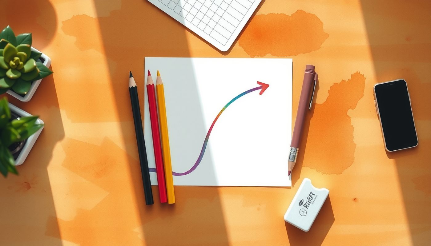 Wooden desk with flowchart drawing, colored pencils, and eraser shavings.