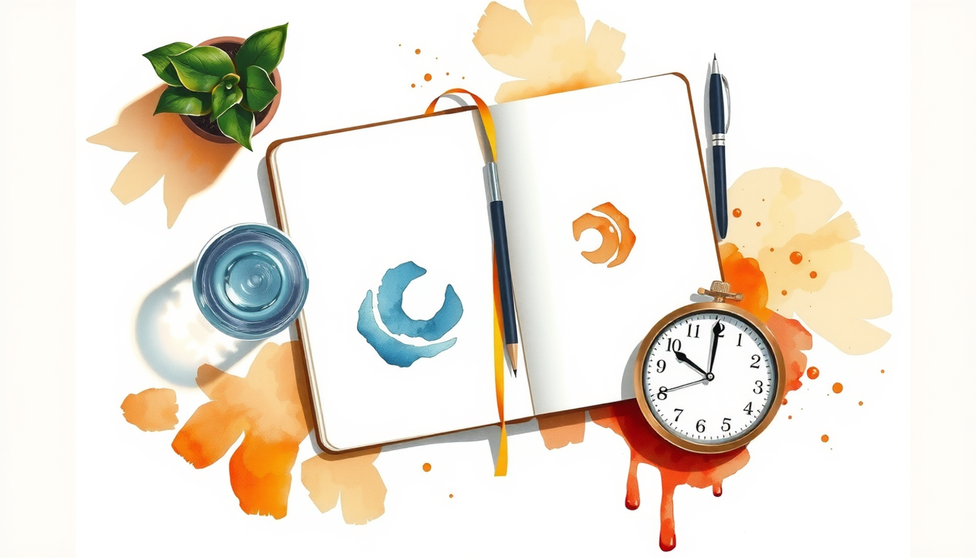 Neatly arranged workspace with notebook, plant, water glass, and clock.