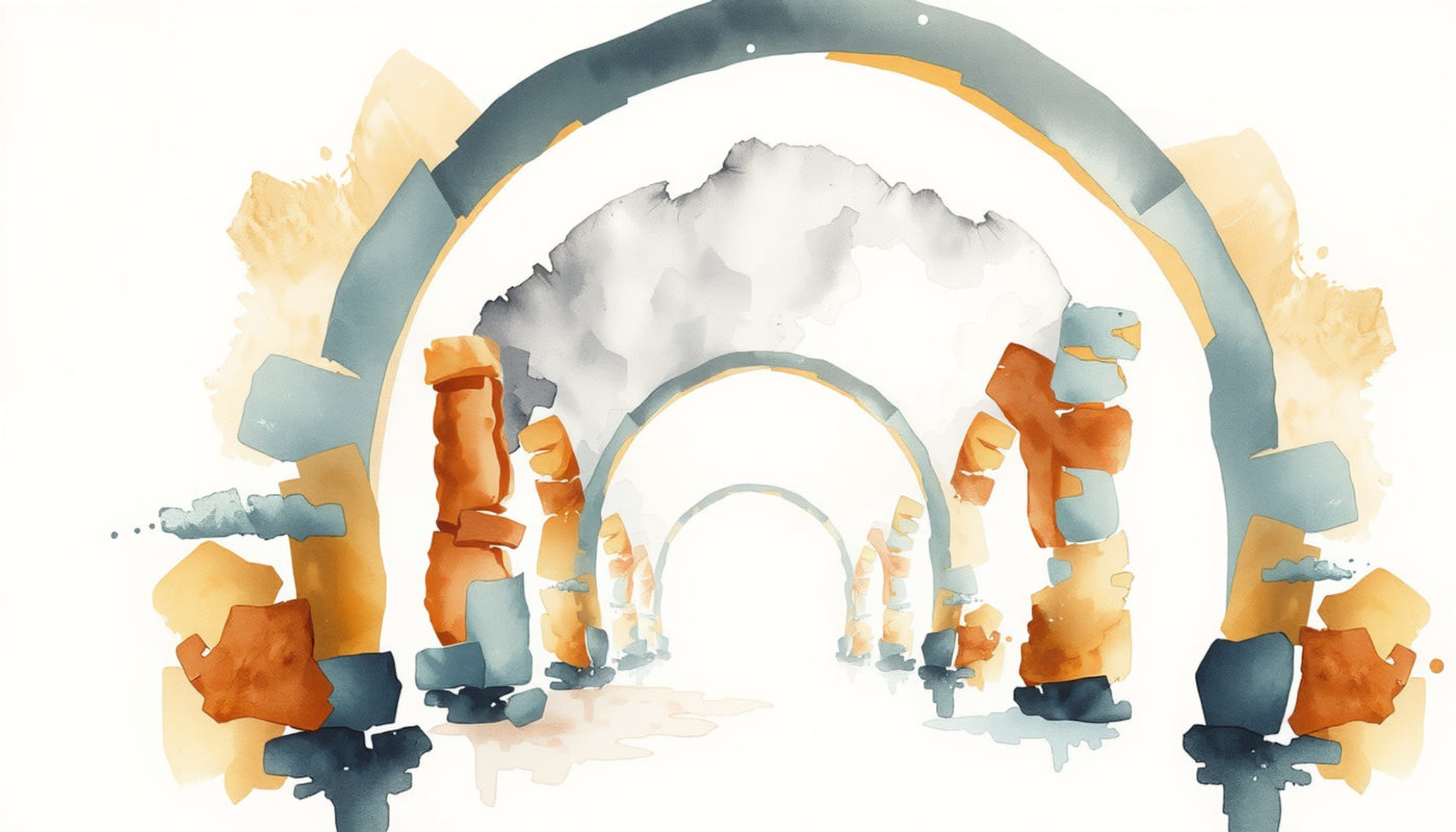 Weathered stone archways fading into soft grey mist.