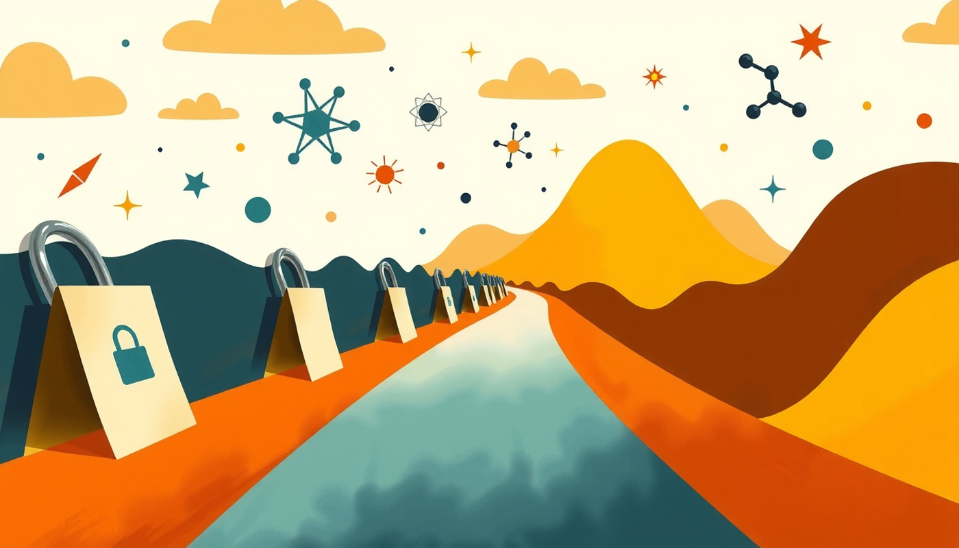 Winding path of flashcards leading to an open horizon with knowledge symbols.