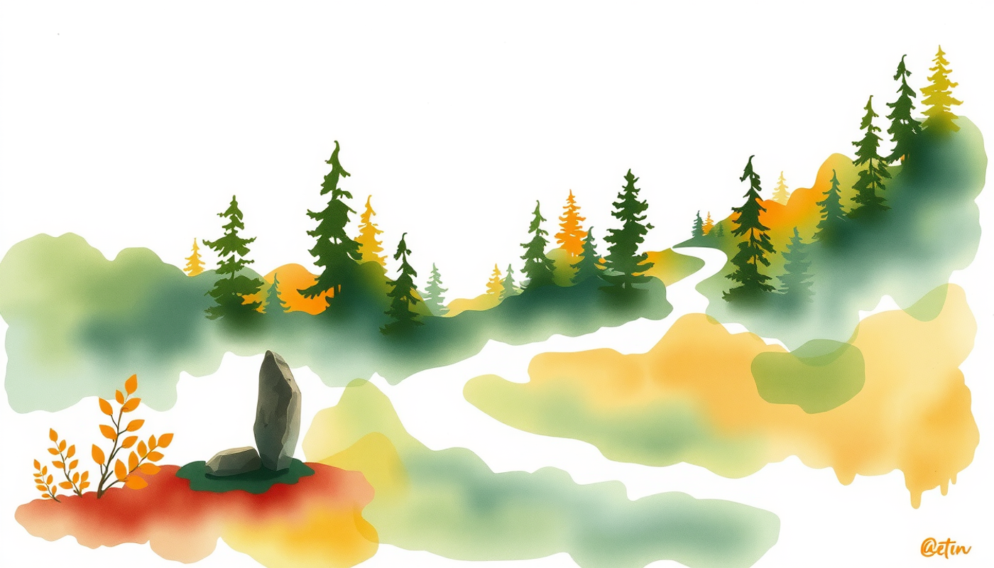 Winding forest path with a stone marker and sunlight ahead.