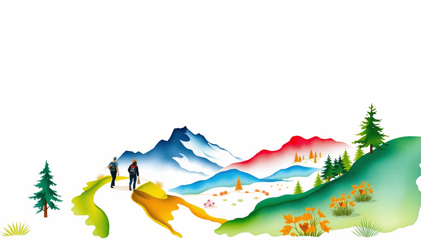 Winding mountain path through seasonal landscapes representing life's journey.